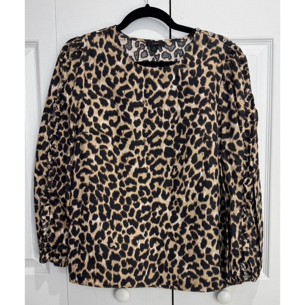 J. Crew Leopard Print Top Women's Small Brown Pullover Long Sleeve 100%‎ Cotton